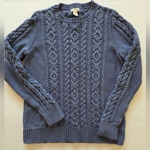 LL Bean Cable Knit Sweater S Dusty Blue Cotton Fisherman Crewneck Chunky Knit